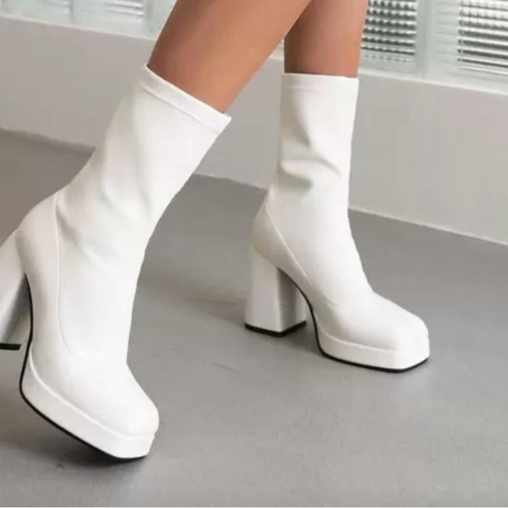 SHEIN White Platform Block Heel Sock Boots